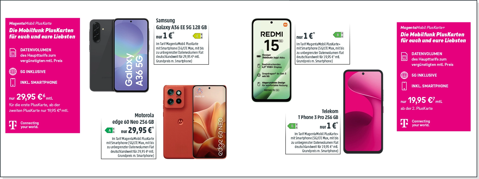 MagentaMobil PlusKarte Angebot mit 5G-Smartphones wie Galaxy A36, Redmi 15 und edge 60 Neo.