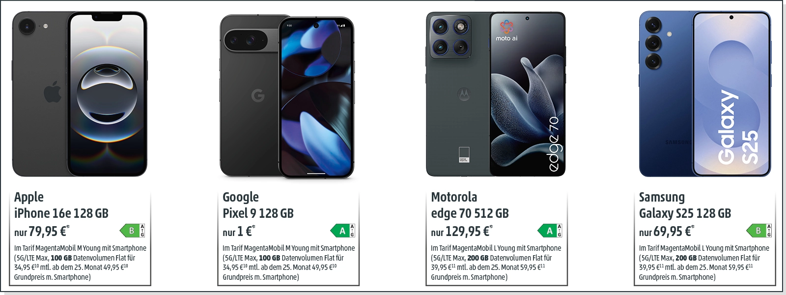 Vier neue Smartphones von Apple, Google, Motorola und Samsung mit Tarifangeboten nebeneinander.